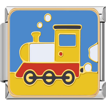 A red and yellow toy-style locomotive moving forward with smoke puffs, framed in a silver Italian charm.